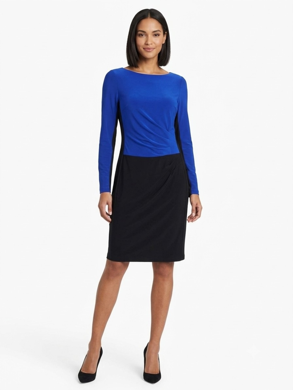 LAUREN Ralph Lauren Blue Black Colorblock Ruched Sheath Dress Sz 10 Long Sleeve